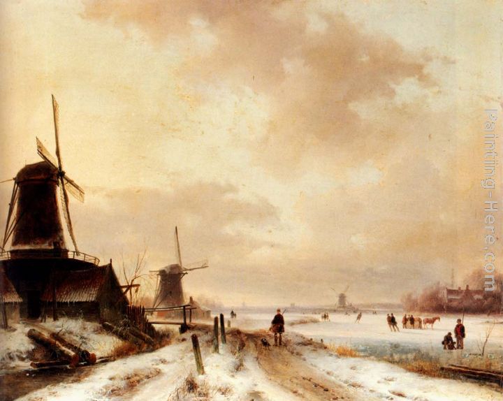 Winter a huntsman passing woodmills on a snowy track, skaters on a frozen river beyond painting - Andreas Schelfhout Winter a huntsman passing woodmills on a snowy track, skaters on a frozen river beyond art painting